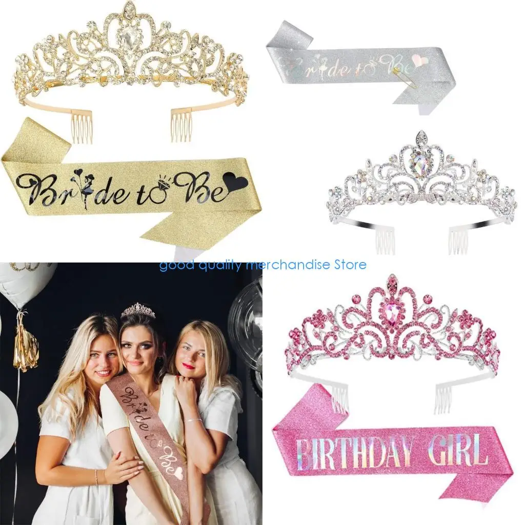 

Y5JD Bachelorette Party Sash Headband Crown Set Bride to Be Hen Night Shower Gift