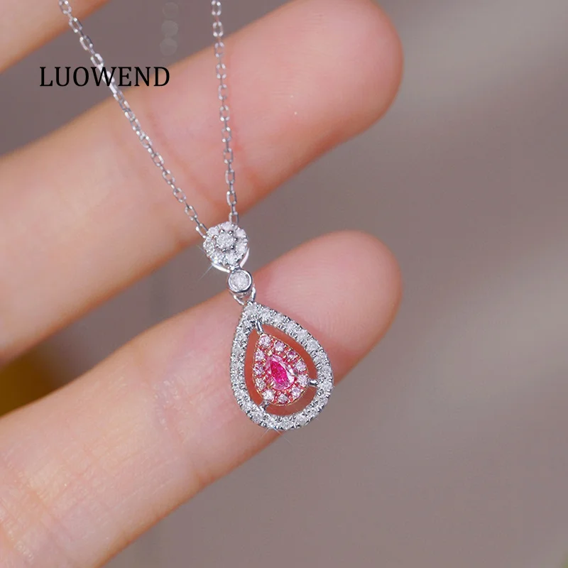 LUOWEND 100% 18K White Gold Necklace Elegant Shiny Style Real Natural Pink Diamond Pendant Necklace for Women Birthday Gift