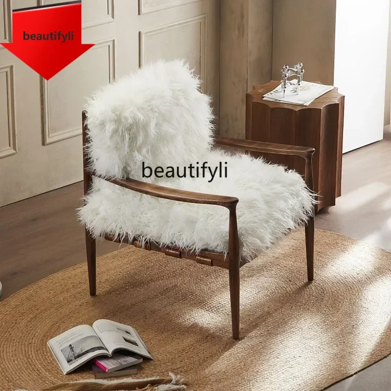 

02 Nordic wabi style living room single sofa designer bedroom lamb wool, modern solid wood lounge chair