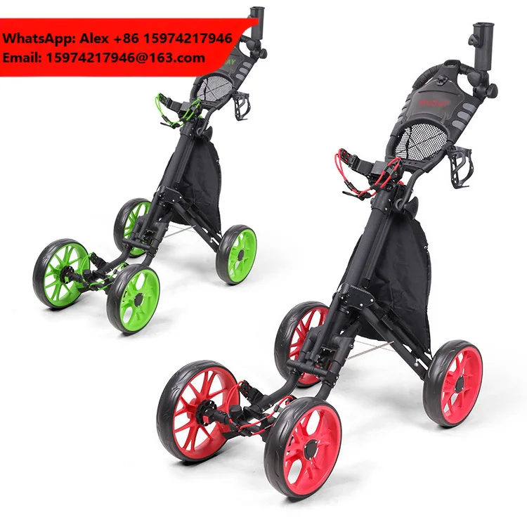 Factory Direct Custom Branded 4-Wheel Foldable Golf Push Cart Golf Trolley With Drink Holder And Umbrella Holder