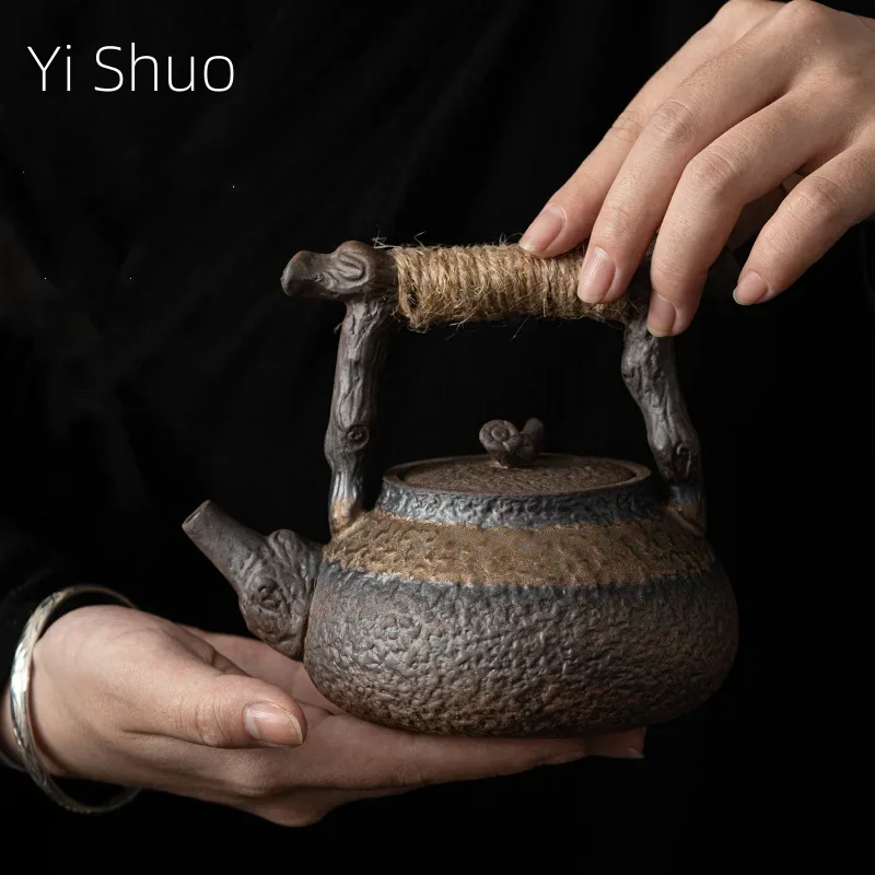 Hemp Rope Handle Dried Wood Loop-Handled Teapot Japanese Gilding Iron Glaze Teapot Small Size Teapot Tea Maker Tea Kettle