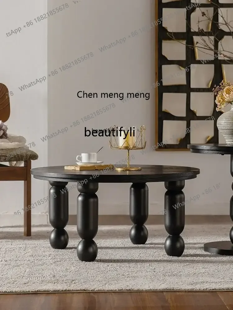 Solid wood black combination French coffee table retro living room home bed and breakfast simple light luxury round
