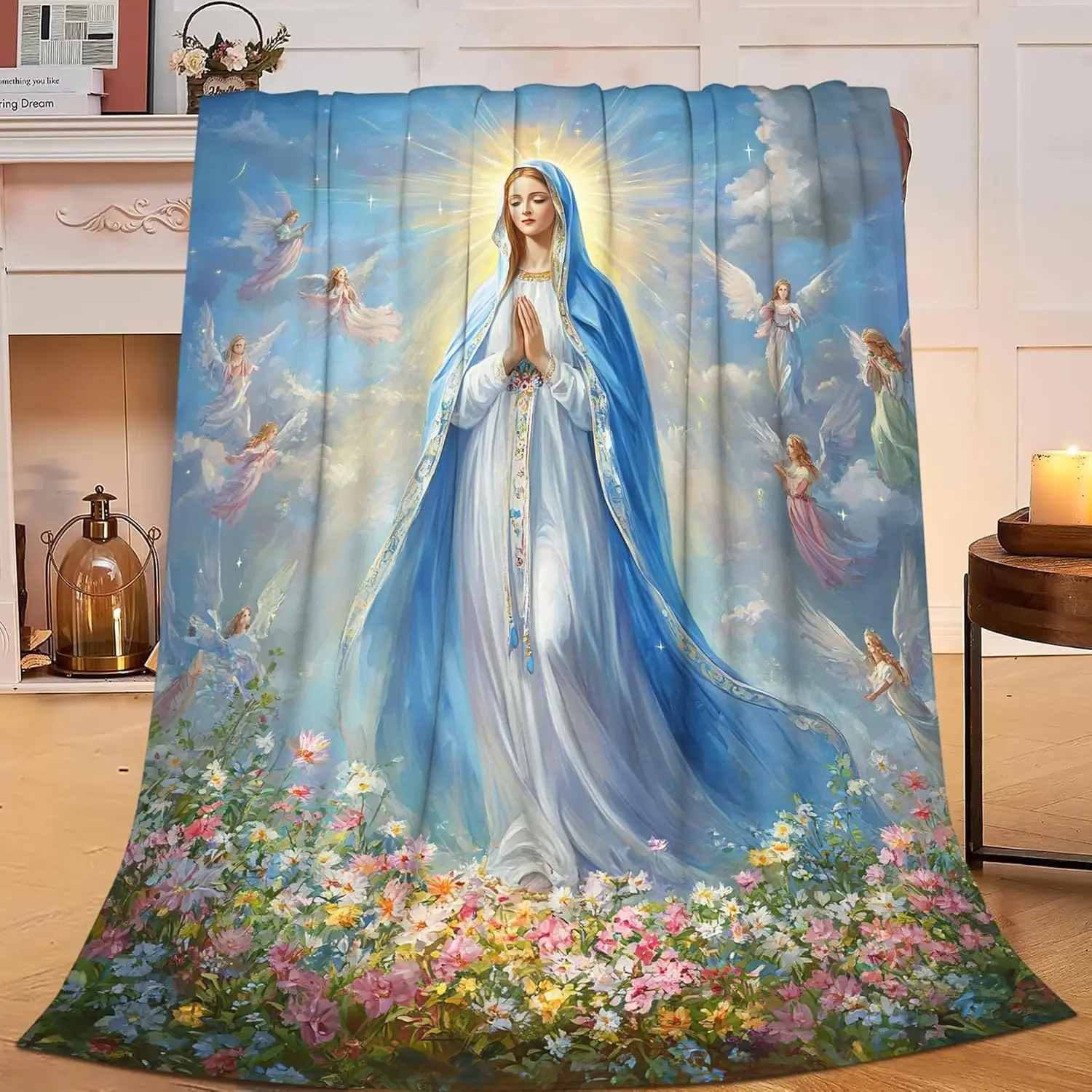 Elegant Decorative Throw Pillow Home Decor Floral Angel Virgin Mary Cushion Spiritual Christian Art Accent for Sofa Bedroom Bedd