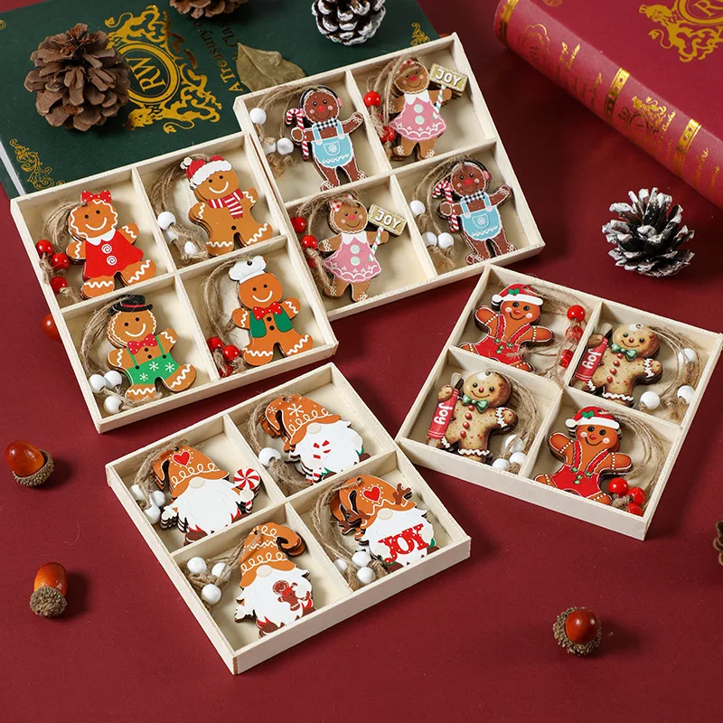 

12PCS Wooden Box New Christmas Ornaments Wooden Colored Gingerbread Man Small Pendant Christmas Tree Pendant Christmas home deco