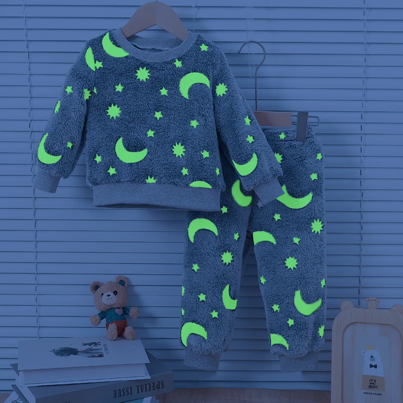 Baby Boys Autumn/Winter Plush Night Fluorescent Home Fur Baby Warm Pajama Set Fashionable and Comfortable Child Accessories