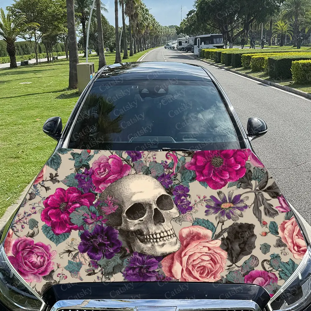 Autocollant de voiture captivant visuel, gothique foncé, avec crâne et fleurs roses multicolores, autocollant pour capot de voiture, auto-étanche