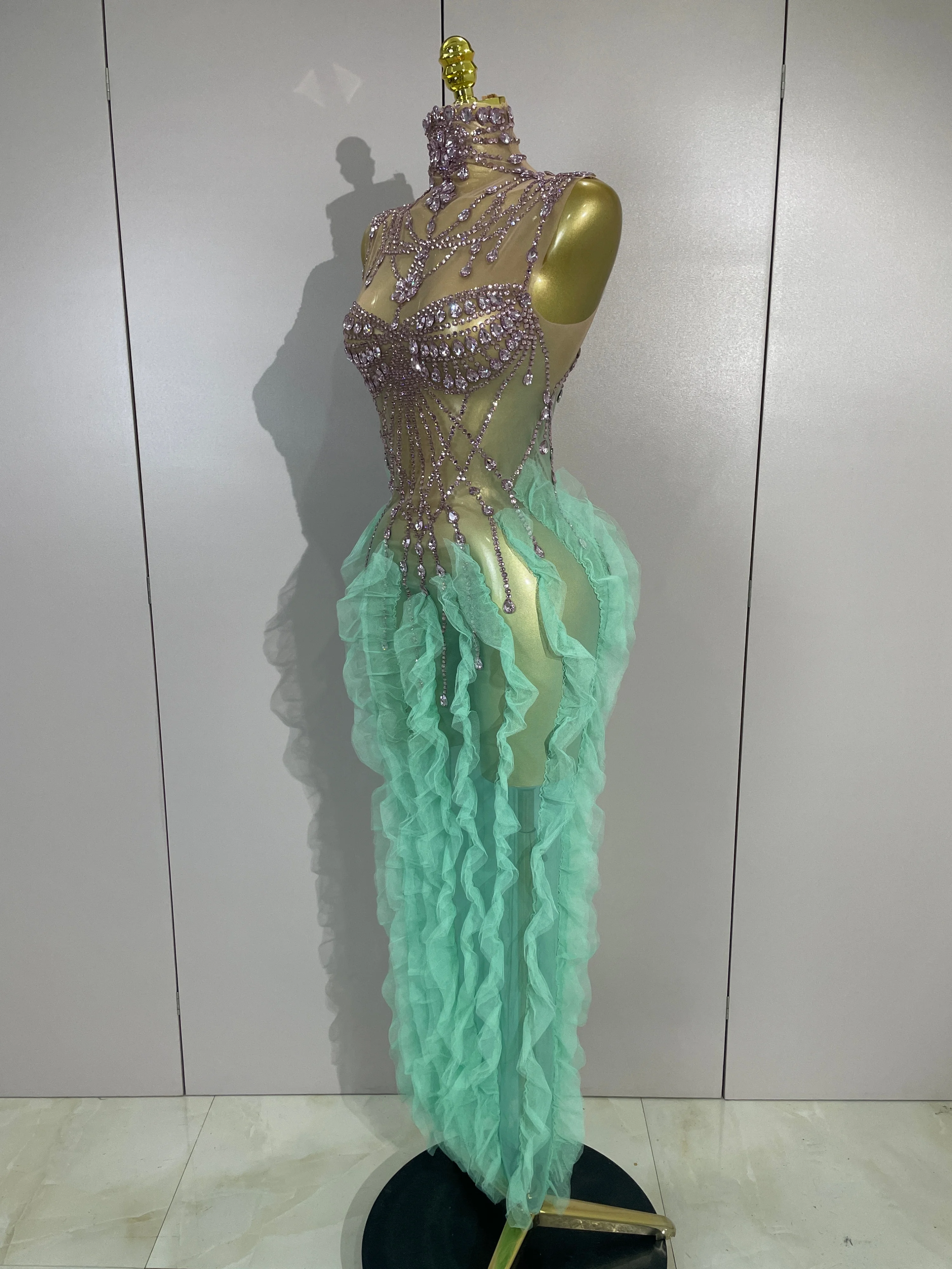 Luxury Sparkly Rhinestone Sleeveless Long Dress Sexy Mesh Ruffled See Through Eveing Birthday Party Nightclub Singer Stage Wear