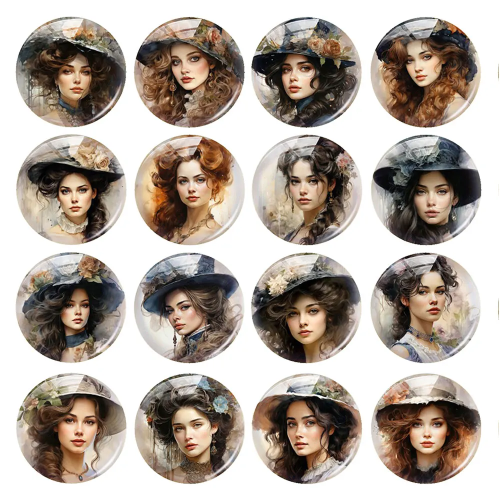 Random Mixed Round/Oval/Square Flower Arrangement Hat Lady Girl Photo Glass Cabochon Flatback Demo Cameo For Diy Jewelry Making