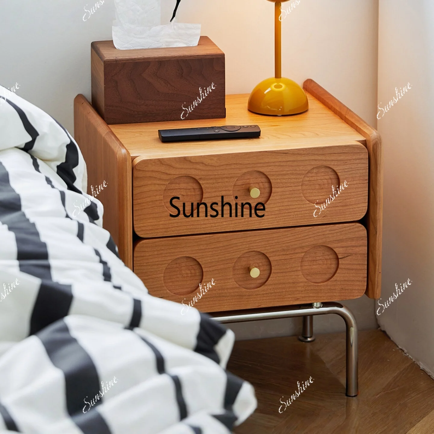 Bedroom Storage Table Cherry Wood Metal Base & Textured Drawers