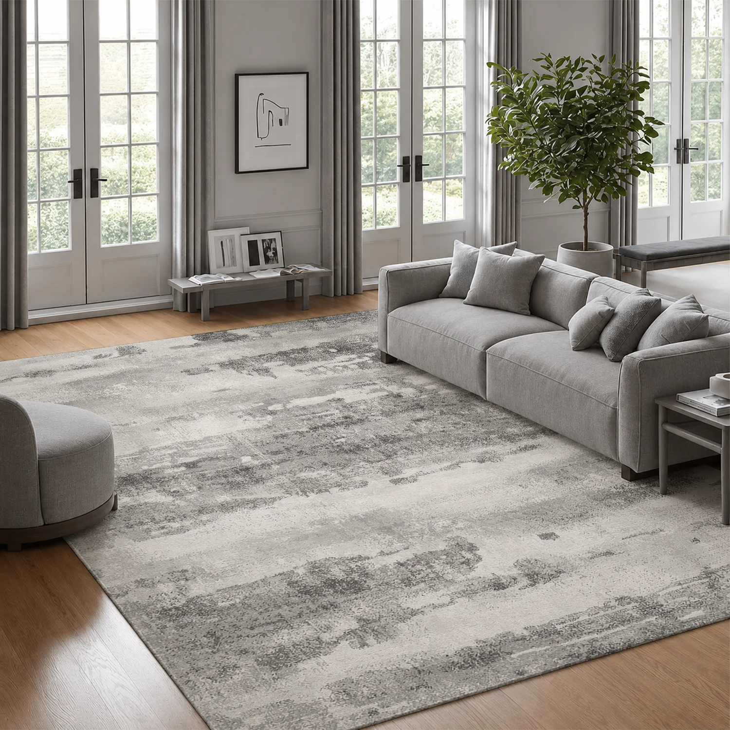 Large Indoor Velvet Low Pile Area Rug with Non-Slip Dotted Backing, Machine Washable, Gray Abstract Textured Pattern for Living Room and Bedroom