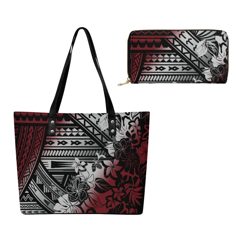 Dompet Tas Tangan Kulit Bunga Polinesia yang Dapat Disesuaikan Duo Tas Tote Luas Pola Cetak Kasual Wanita Desain Lembut Chic
