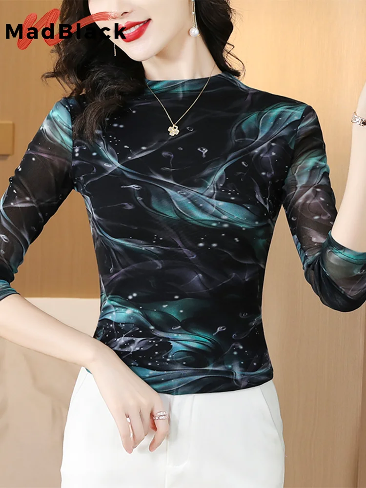 

MadBlack European Clothes Tshirt Women Sexy Crew Collar Print Slim Mesh Tops Long Sleeve Stretchy Tee Autumn Spring T39969JM