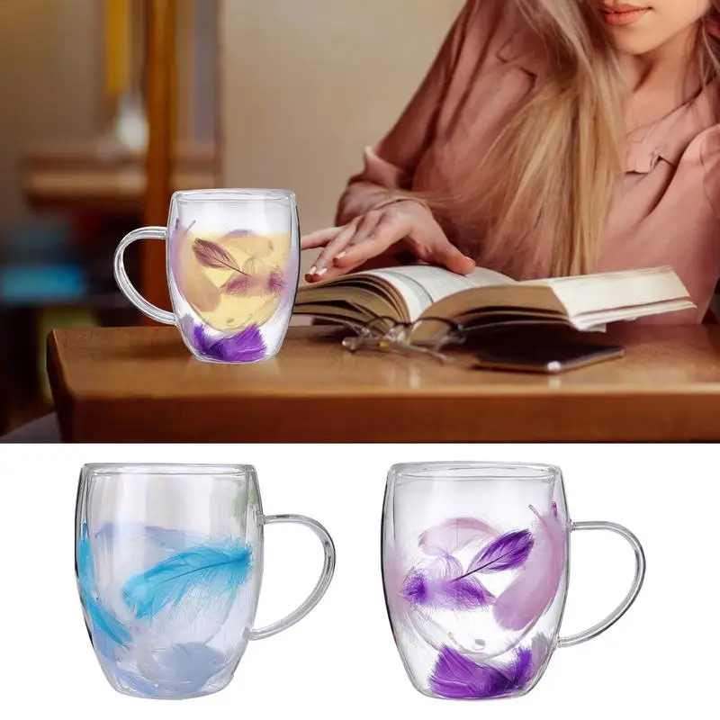 Double Wall Coffee Mugs Double-Layer 350ml Glass Feather Cup Clear Coffee Mugs with Handle Heat-Resistant Glass Hot Tea Cups