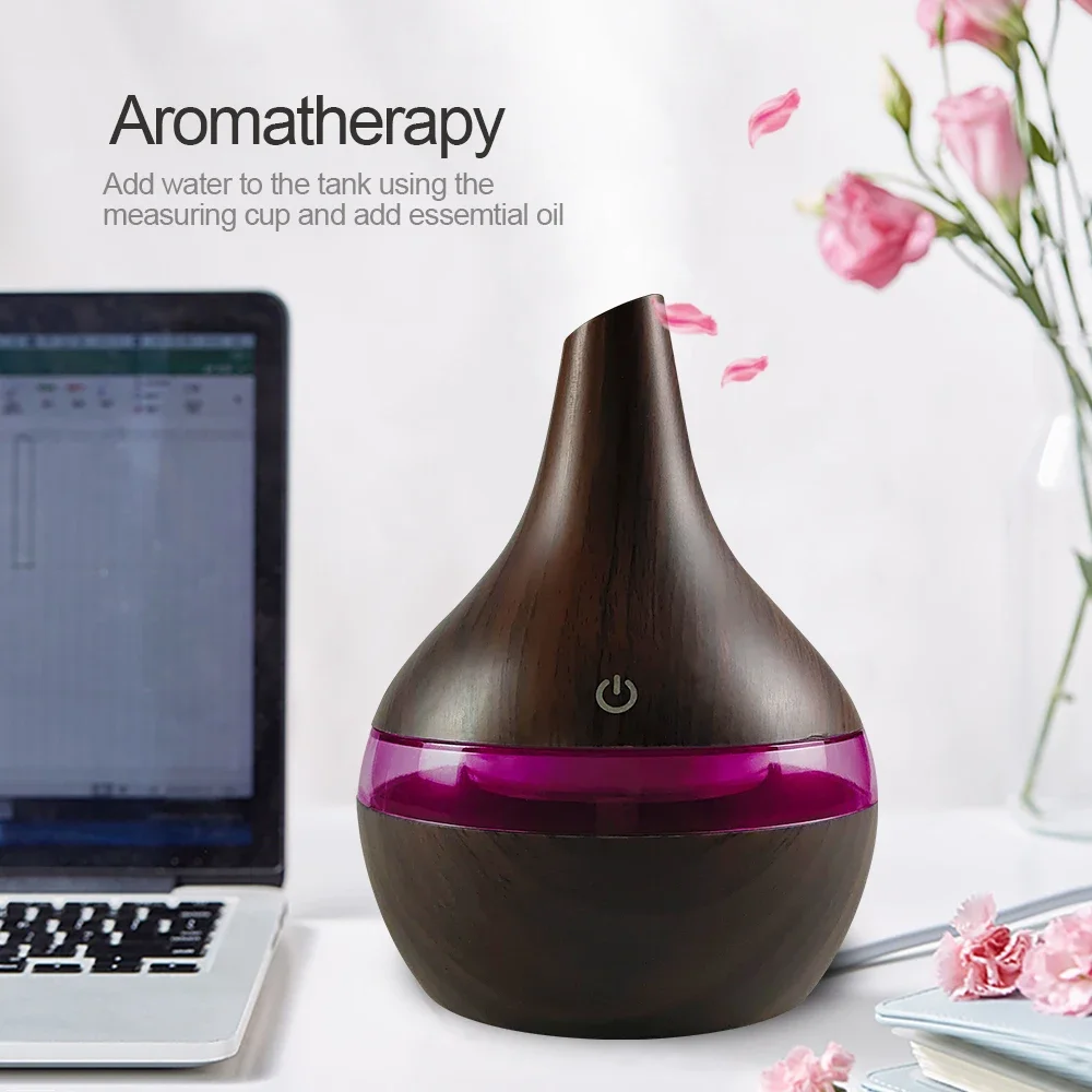 Humidificateur de grain de bois de 300 ml et diffuseur d'huile essentielle alimenté par USB 2 huiles aromatiques inculées