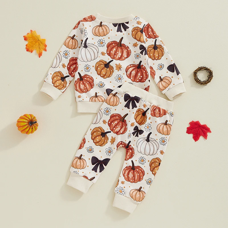 0-3Y Baby Girl 2Piece Halloween Pumpkin All-over Print Outfit Sets Long Sleeve Sweatshirt +Elastic Waist Pants with 3D Bow Decor