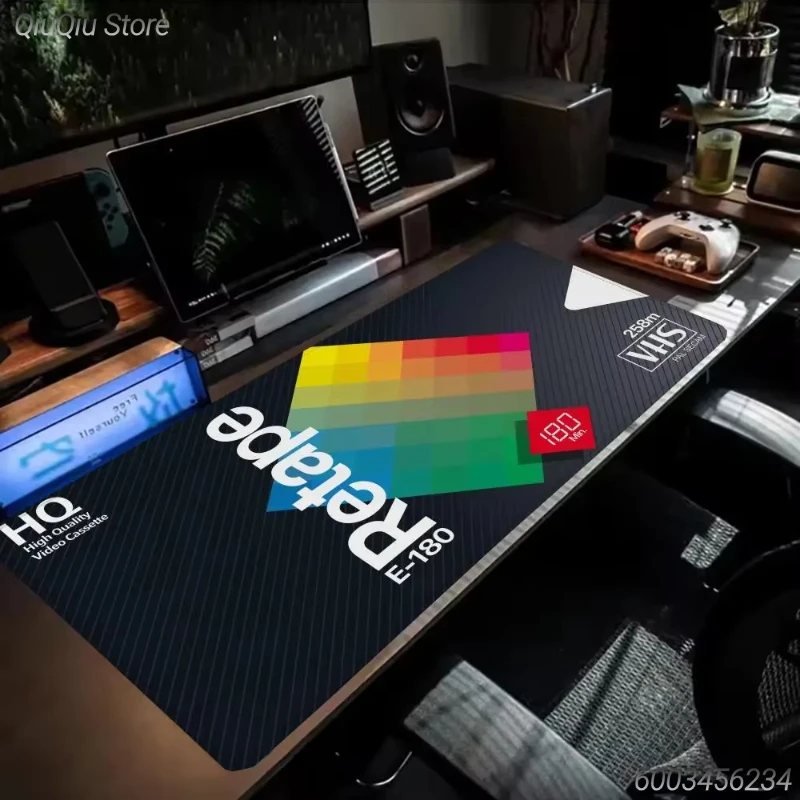 Retro VHS Tape Large Mouse Pad Colorful Rainbow Stripe Desk Mat Non‑Slip Rubber Base Gaming Mousepad for PC Laptop Office Home