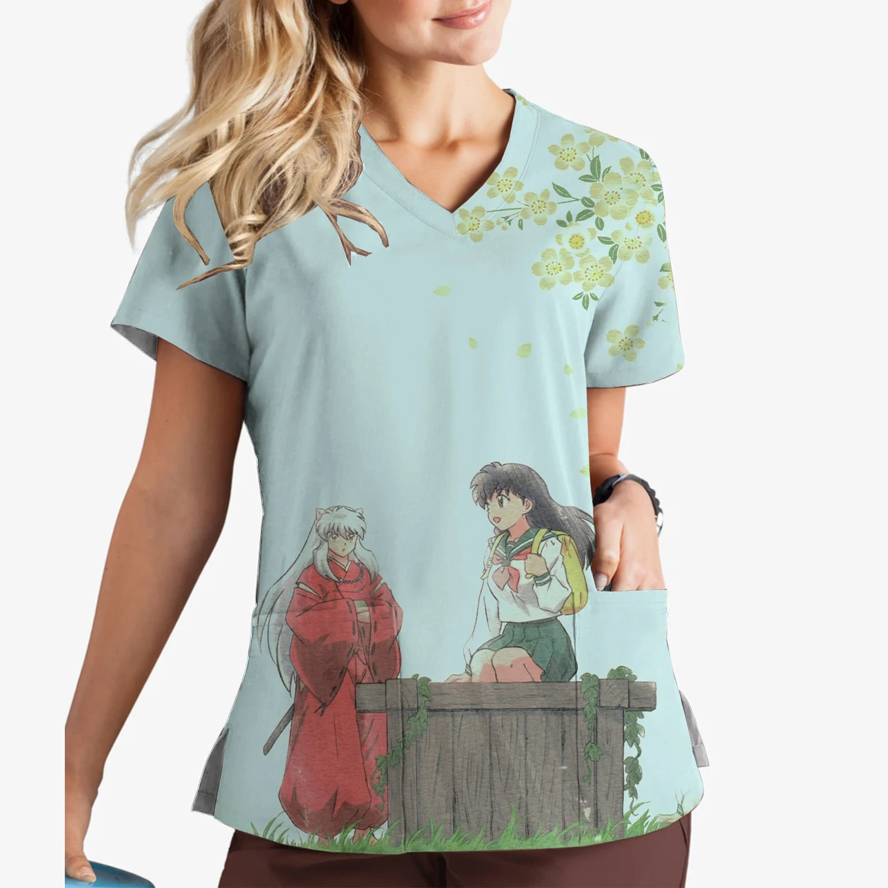 Medical Uniform Doctor Nurse Surgical Uniform V-Neck Print Scrub Top Anime Inuyasha Print Pet Shop Work Uniform