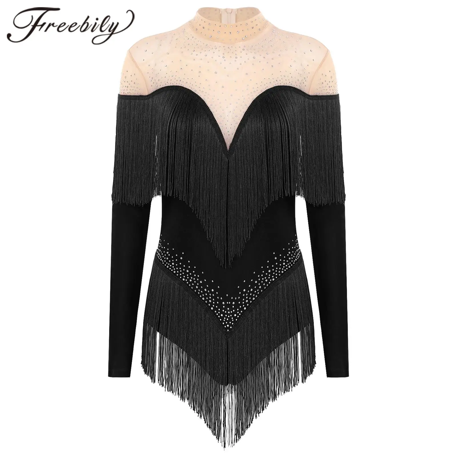 Women Cha-Cha Tango Samba Dancewear Tassel Latin Dance Leotard Long Sleeve Fringe Bodysuit Competition Stage Performance Costume