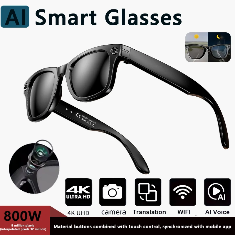 4K Ultra HD AI Glasses Men Chat IP65 Waterproof Voice Assistant AI Transmission 800W Camera Bluetooth Call Smart SunglassesWomen