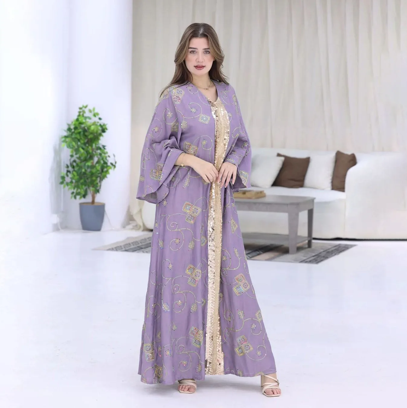 

Xqy500388 Ethnic Pattern Embroidered Robe With Sequin Lace Elegant Dress Robe Abaya Ramadan Dubai Luxury Islam Elegant