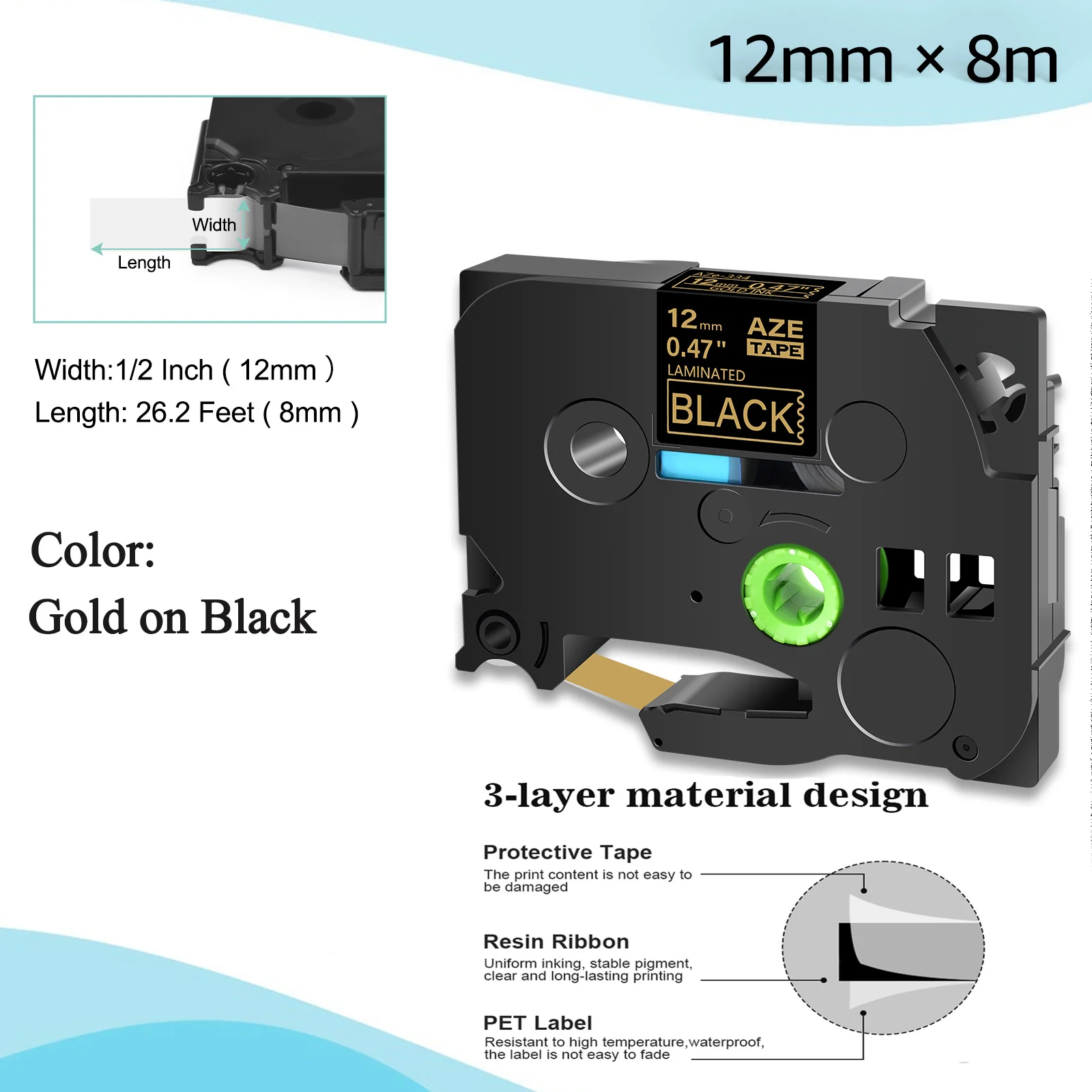 5PK Label Tape Laminated Compatible Brother TZe-334 9/12/18/24mm Gold on Black Cartridge Cassette for P-Touch PT-1000 PT-H101C