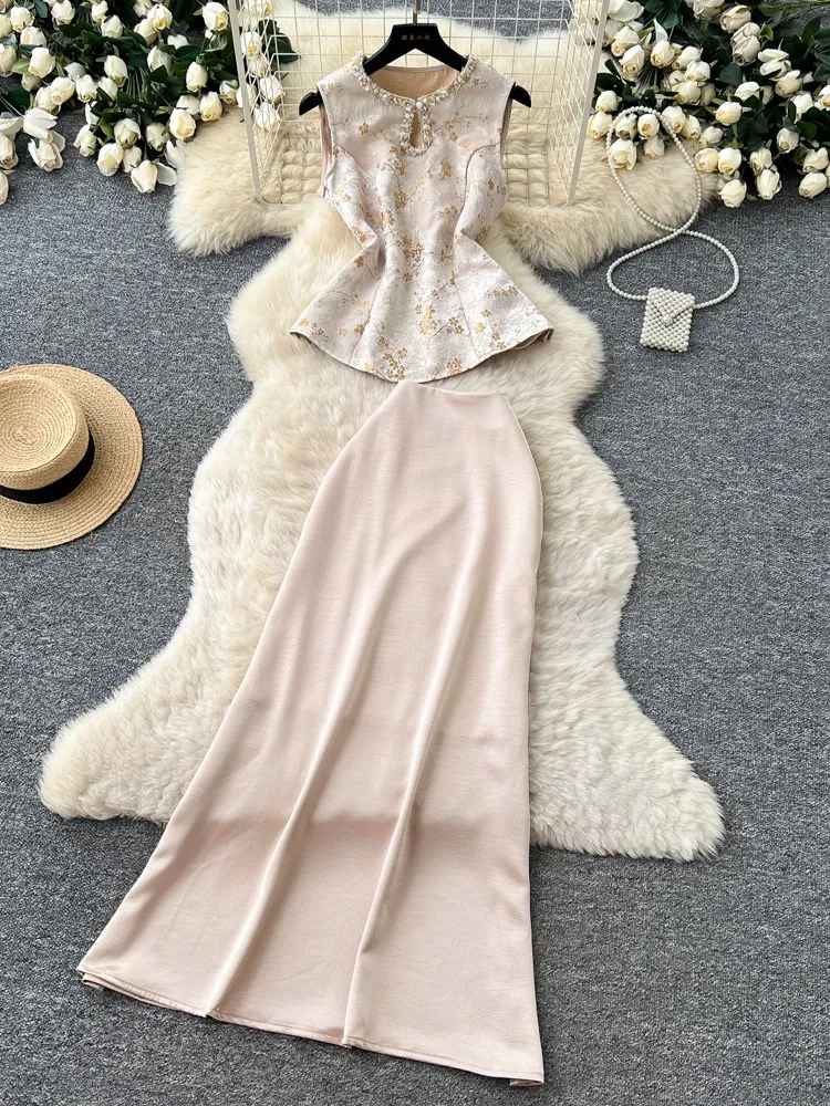 

Light Luxury Elegant Embroidered Vest and Half Skirt 2 Piece Set Women Summer Sleeveless Slim Fit PartyBanquet Woman Skirt Set