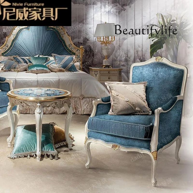 

Luxury blue fabric tiger chair carving French court solid wood negotiation chair casual sofa chair