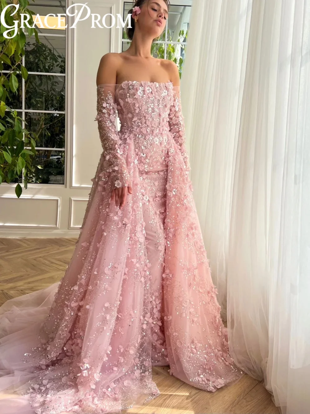 

Очаровательное розовое вечернее платье с 3D цветком и съемным шлейфом, роскошное свадебное платье с бусинами, платья для выпускного вечера с открытыми плечами по индивидуальному заказу