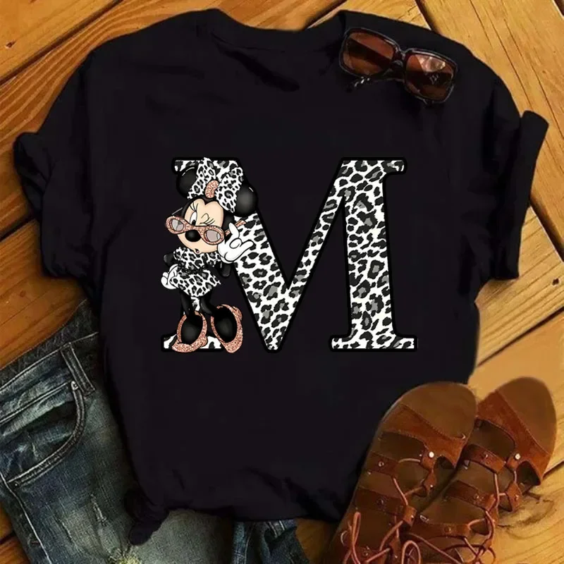 Disney Leopard Minnie Mouse A-Z 26 English Letters Kids T-shirt Short Sleeve Tops Tee Clothing for Girls Clothing Children's