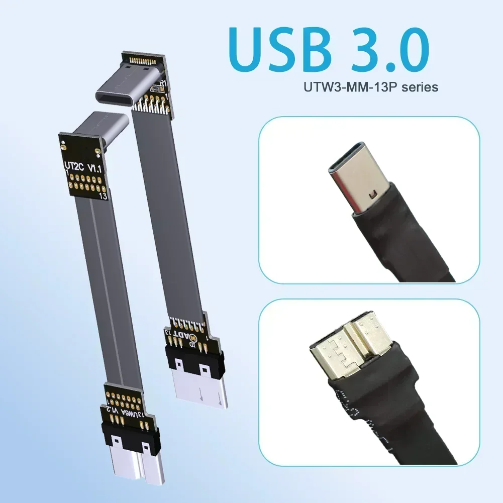 3-300ซม3.0 USB ไปยัง Micro-B Ribbon สายแบนตัวผู้ไปยัง FPC USB 3.0 Type C Micro B ตัวเชื่อมต่อมุม90องศาขึ้นลง