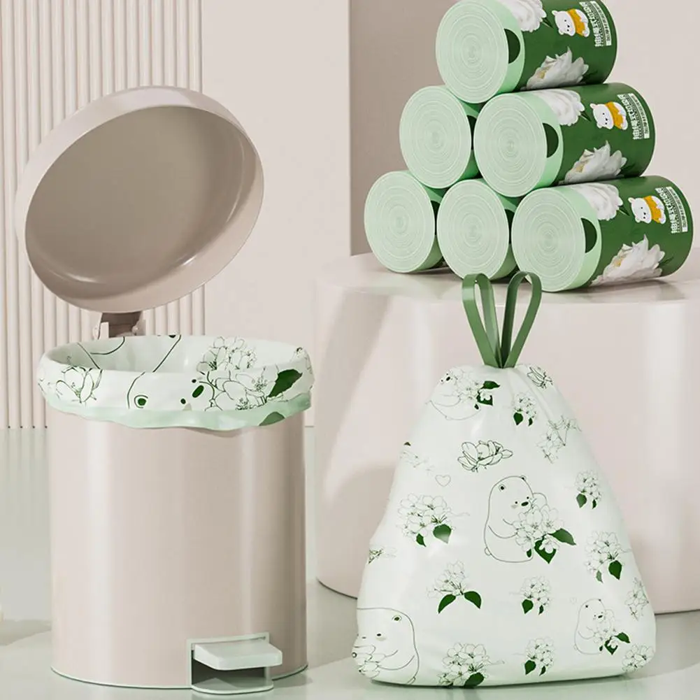 1roll 50/100pcs Camellia Scent Thickened Large Drawstring Trash Bags Tear-Resistant Printed Multi-Purpose Disposable Storage Bag