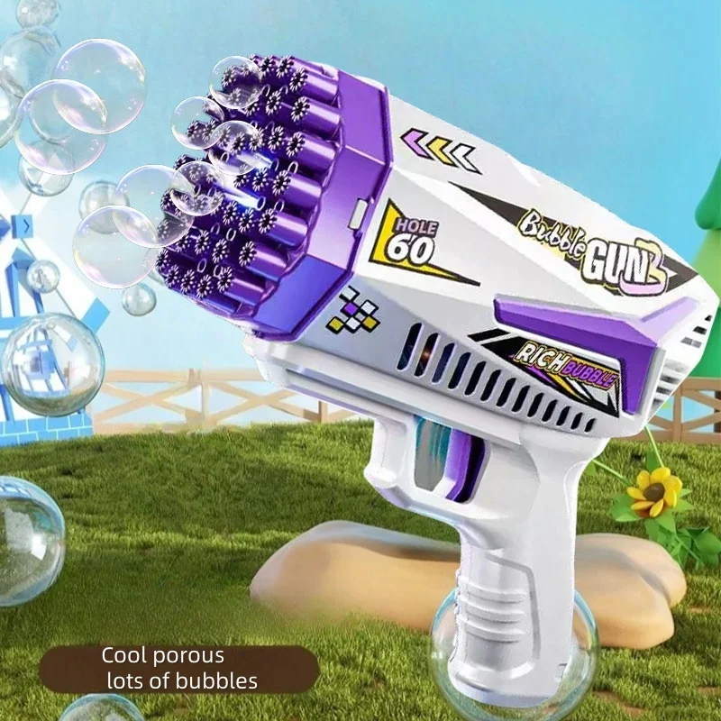 Pistola a bolle automatica ricaricabile di grande capacità con luci colorate, materiale plastico, adatta per compleanni interni ed esterni