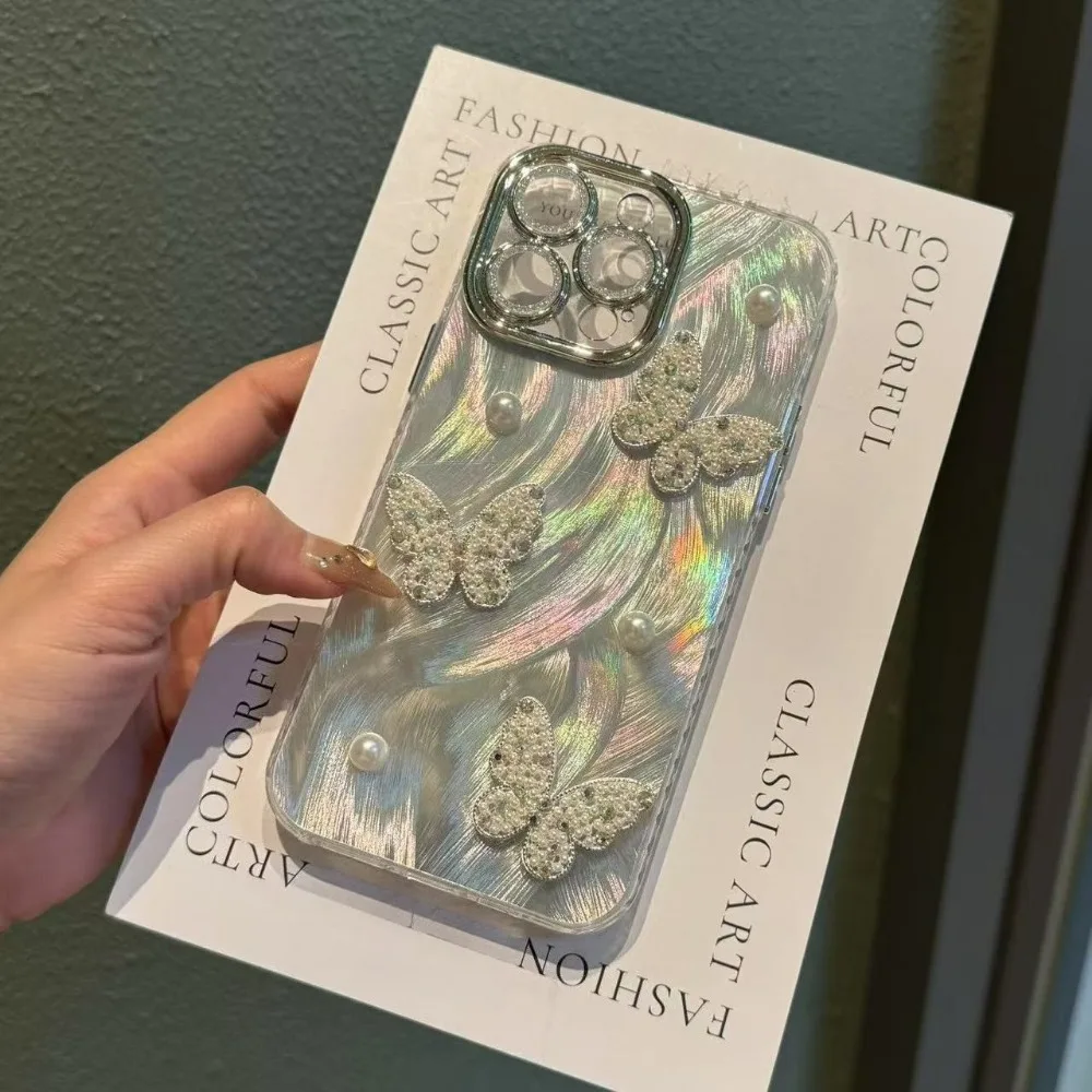 

Ins Style Luxury Pearl Phone Case for Samsung S25PLUS S24 S23 A55 A54 Butterfly Feather Anti-drop Protect Cover with Lens Film