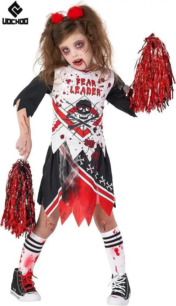 Girl Zombies Cheerleaders Dress Halloween Cosplay Costume Horrible Bloody Gown Gothic Child Two Piece Day of The Dead Party Wear view 3