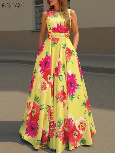 Imagen 2 del producto ZANZEA-vestido veraniego bohemio con estampado Floral para mujer, vestido sin mangas de verano 2025, bata de cintura sin mangas a la moda, vestidos largos informales para fiesta