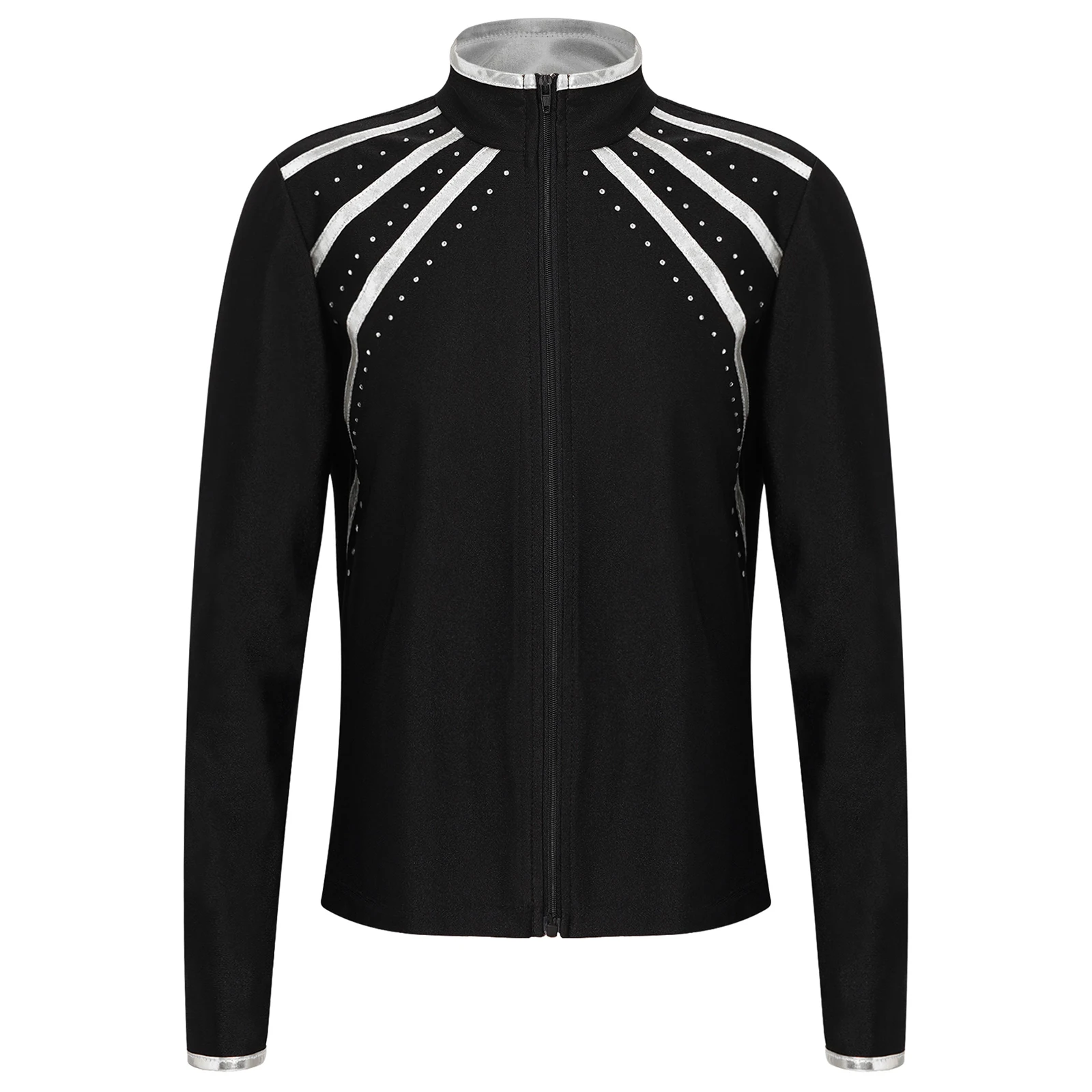 

Kids Girls Sweatshirt Figure Skating Gymnastics Workout Costume Metallic Shiny Rhinestones Striped Long Sleeve Zipper Jacket Top