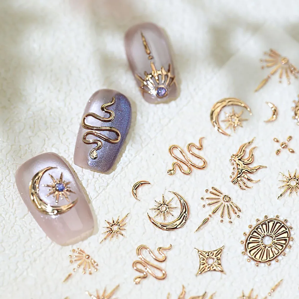 Gold Silver Snake Stars Nail Stickers for Nail Decoation Decals 5D Self-Adhesive Bronzing Stars Moon Totem DIY Supplies 2030