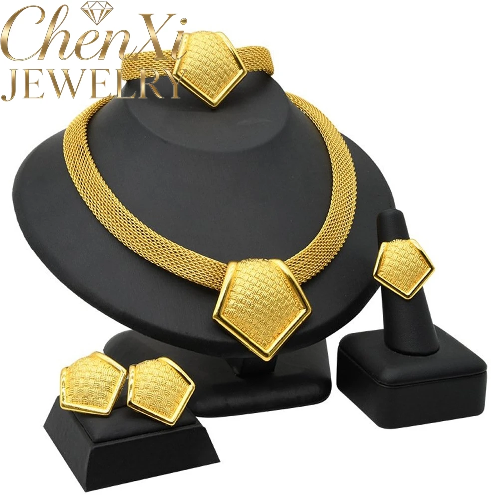 High-End Luxury Elegant Alluvial Gold Fashion Popular Jewelry Set Women Wedding Party Banquet Necklace Earrings Ring 4pcs Gift