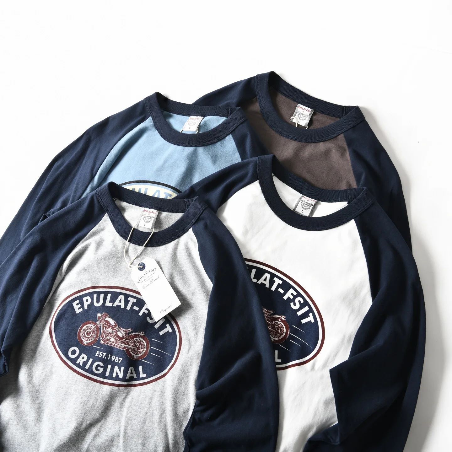 100% cotton retro motorcycle printing pattern rag-shoulder loose casual round neck long sleeve T-shirt for men autumn
