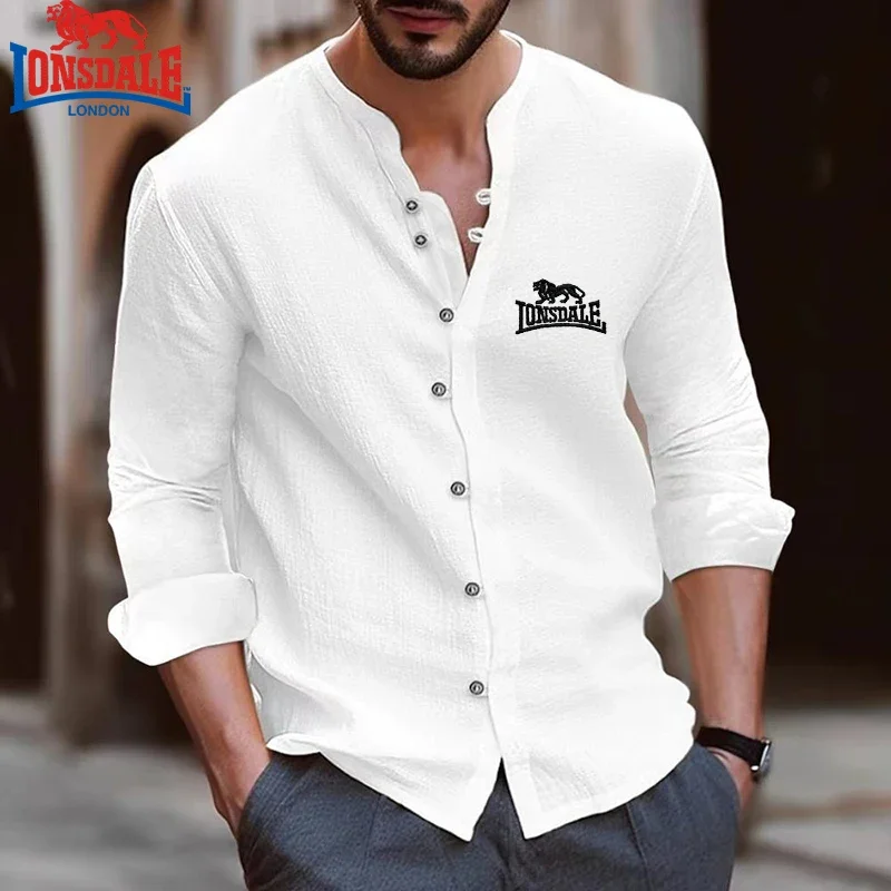 Embroidered LONSDALE High-quality Men's Spring/summer Long Sleeved 100% Cotton Linen Business Casual Loose Shirts