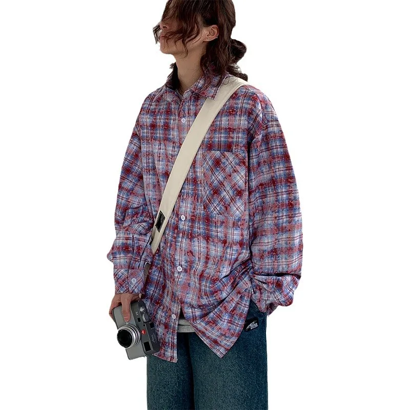 Men\'s Fashion Long Sleeve Brushed Check Shirts Men Blue Casual Slim Fit Button-down Plaid Oversized Shirts Male Plus Size