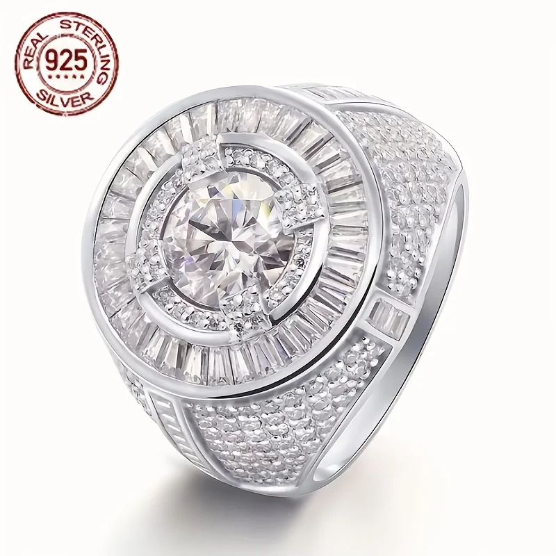 Luxury Men's Solid 925 Sterling Silver Circular Baguette Solitaire Ring Icy Large Pinky Rings Hip Hop Jewelry Gift For Husban