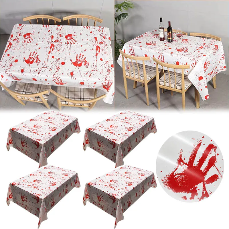 Halloween Party Bloody Hand Print Table Cover Disposable Plastic Waterproof Oil Resistant for Haunted House Birthday Decor