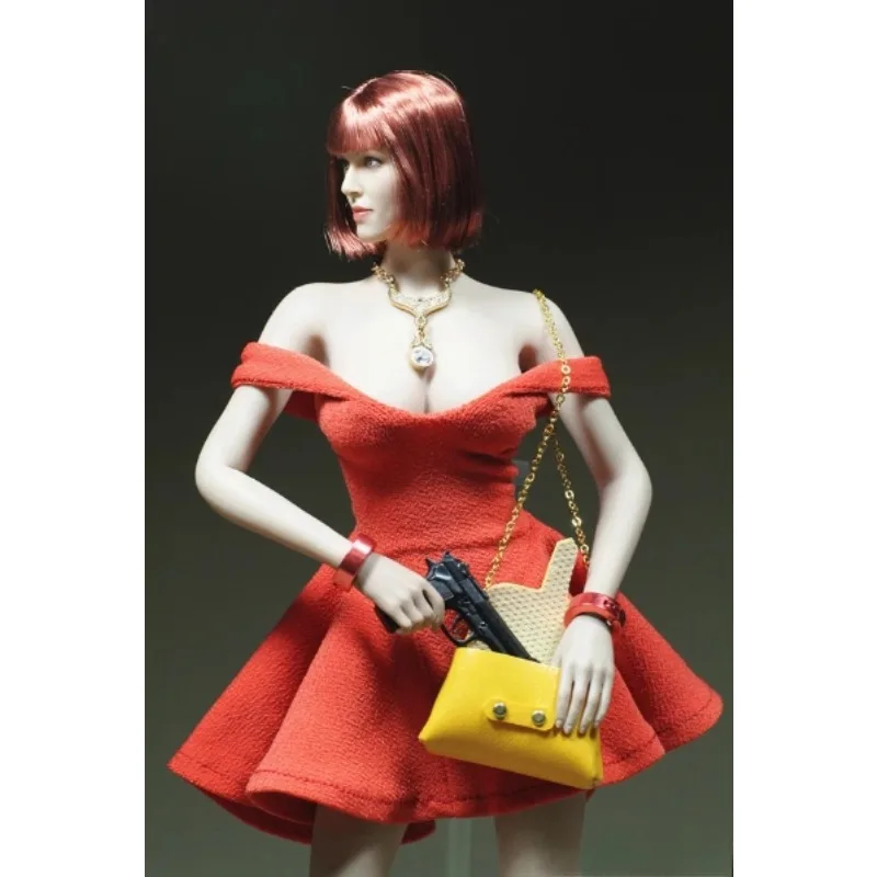 Customized 1/6 Scale Female Soldier Orange-Red Dress Flared Skirt Handbag Model for 12in Action Figure Toy Phicen JIAOUL Doll