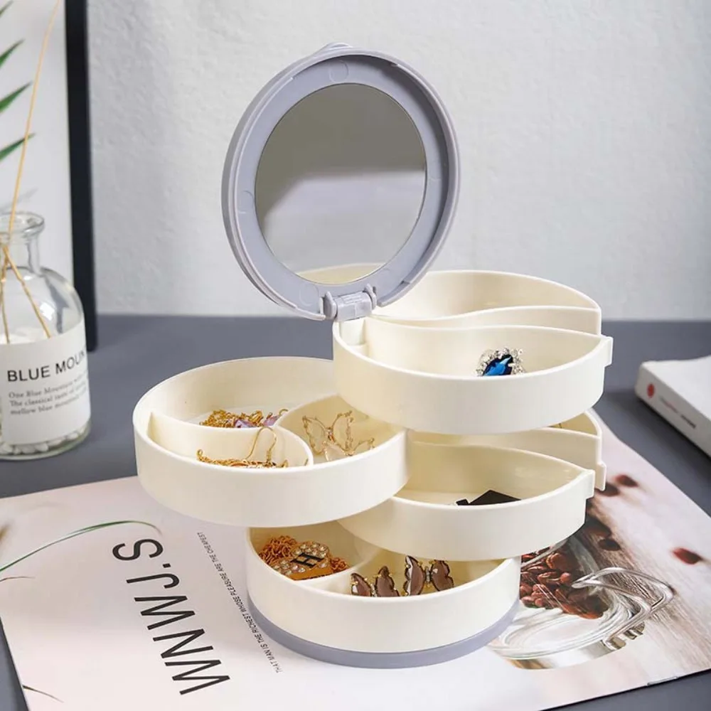 Multilayer Jewelry Stand Holder Display Tray with Lid Rotating Plastic Stand Dustproof with Mirror Earring Ring Box Cosmetics