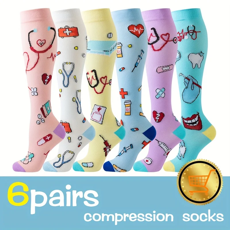 6 Pairs Circulation Athletic Nurse Compression Socks Dentist Heart Pattern Knee High Sports Dress For Running Cycling Hiking