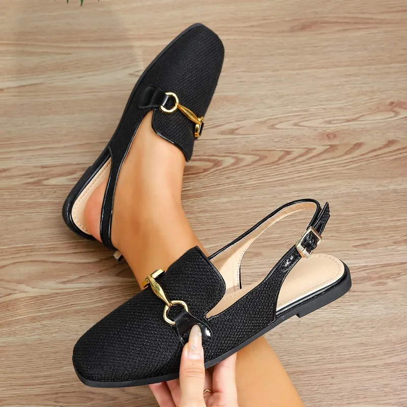 

2026 New Korean Style Flat Bottom Sandals Women's Retro Roman Style Slip-On Shoes Large Size Casual Comfortable PU Leather