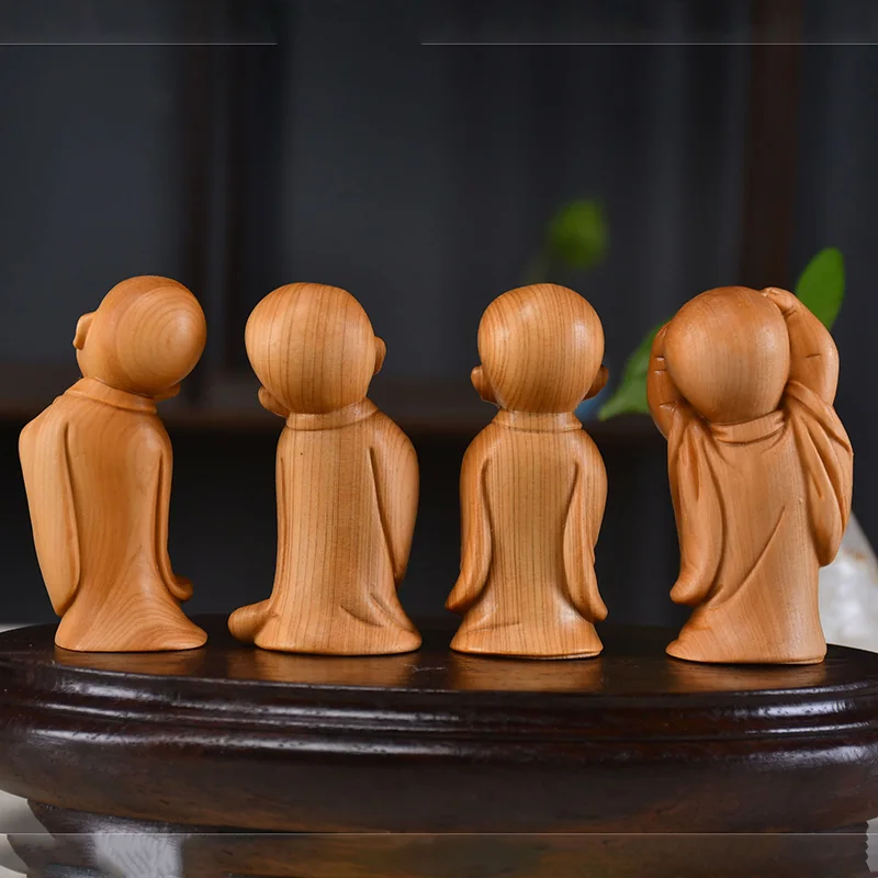 Wood carving young Buddhist monk sculptures and figurines Cute Home Room car Office Table decoration and accessories 4PCS