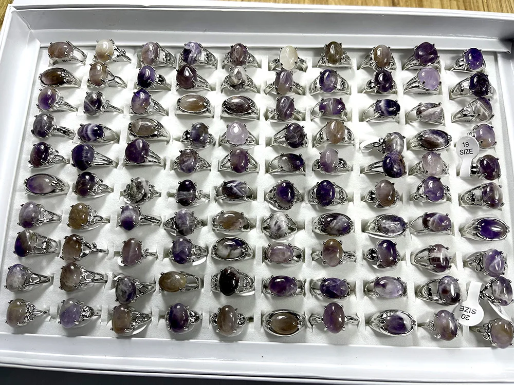 50Pieces /Lot New Design Natural Amethyst Purple Stone Silver Plated Ring Ladies Women Rings Wholesale Jewelry LR4210