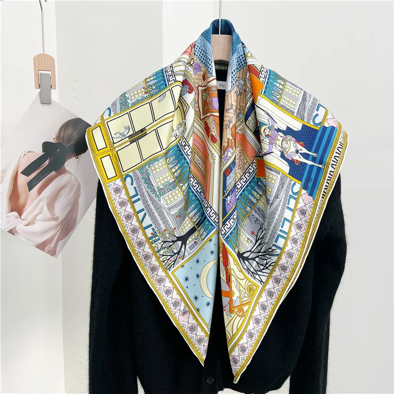 88×88cm 18MM 100% Silk Twill Scarf For Women Luxury Brand Double Sides With Different Design Square Size Shawls And Wraps Autumn